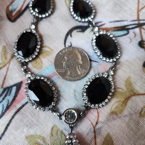 Black Glass Bicone Teardrop Tassel Necklace Silver Tone Rhinestone Necklace EUC - Picture 8 of 9